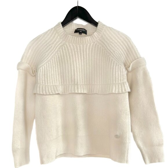 Chanel Ivory Layered Wool Cashmere Ribbed Knit Sweater - Picture 1 of 8